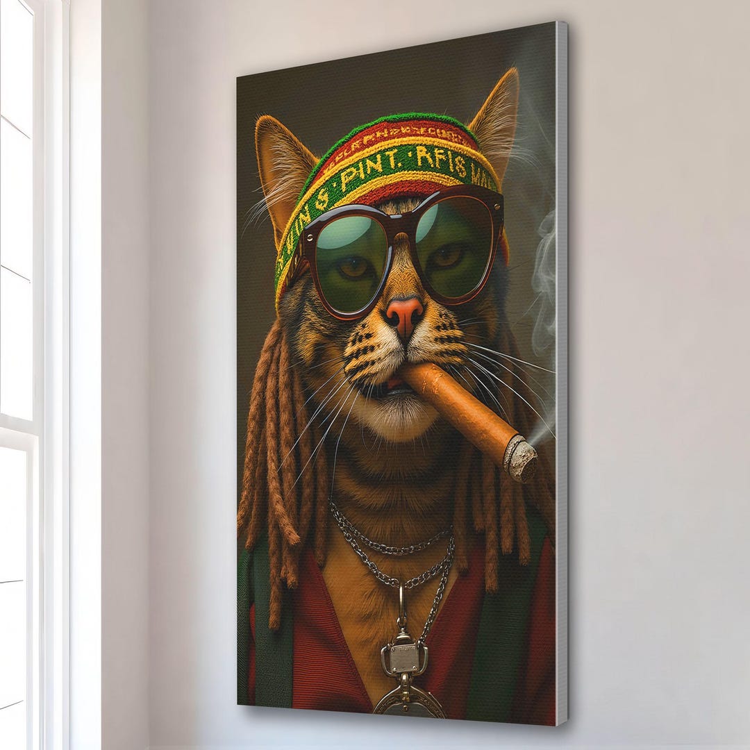 Reggae Cat Canvas | Smoking Cat Wall Art | Rasta Pet Print | Funky ...