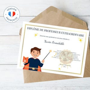 Diplôme professeur / maître d'école / enseignant extraordinaire - à imprimer - Cadeau fin d'année scolaire personnalisé (PDF + modèle Canva)