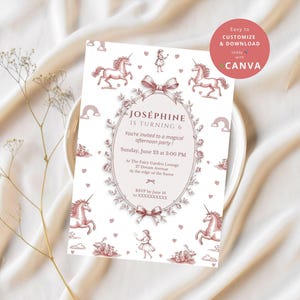 Invito di compleanno unicorno modificabile | Festa per ragazze ispirata alla Toile de Jouy francese | Modello modificabile rosa per la personalizzazione e la stampa