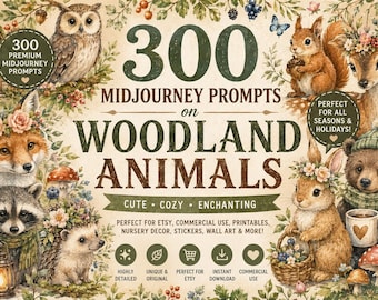 300 Midjourney Woodland Animal Prompts | Watercolor Clipart Bundle (Commercial Use)