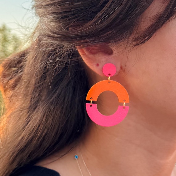 3D Printed Orange & Pink Earrings: Modern Geometric PLA Jewelry