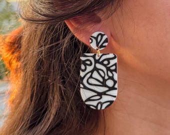 Pendientes Ink Maze: Pendientes geométricos en blanco y negro, joyería minimalista hecha a mano con PLA impreso en 3D