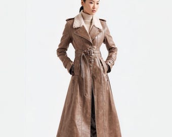 70s Vintage Long Leather Coat, Blue Leather Long Jacket