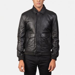 Inspired by Coffmen A-2 Jacket – Men’s Black Sheepskin Leather Bomber, Vintage Military Aviator Style