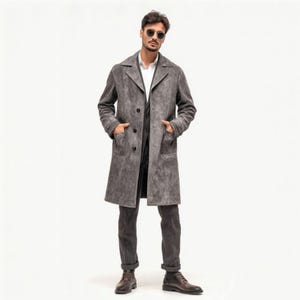 Vintage Grey Suede Leather Trench Coat: Men&#39;s Classic Overcoat