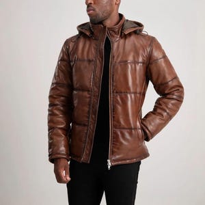 Handmade Gordon Real Leather Puffer Jacket with Hood – Men’s Warm Winter Fashion Puffer Coat