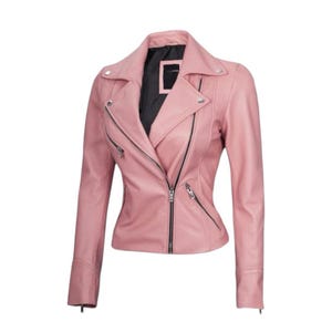 Handmade Women&#39;s Pink Leather Jacket – Moto Biker Style in Soft Real Leather