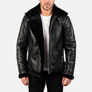 Men&#39;s Black Sheepskin Bomber Jacket: Faux Fur Lined Aviator Coat