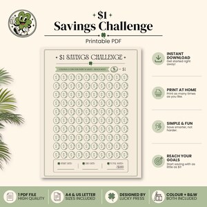Op de afbeelding: Printbare PDF spaaruitdaging met een $1 thema. Het ontwerp bevat een raster van munten om in te kleuren, met de tekst "$1 Savings Challenge" en "Reach Your Goals". Inclusief opties voor direct downloaden en thuis printen.
