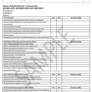 May include: A white and black checklist titled "Clause 10 Audit Checklist - Improvement" with sections for "Yes", "No", and "Evidenced By". The checklist includes sections for general improvements, nonconformity, and incident investigation.