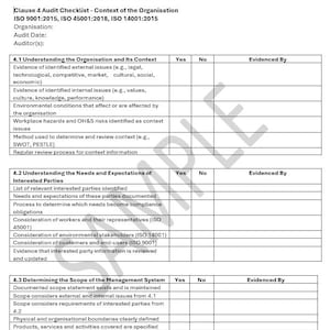 May include: A white and black Clause 4 Audit Checklist document. The checklist includes sections on understanding the organization, interested parties, and the scope of the management system. The document has a table format with columns for Yes, No, and Evidenced By.