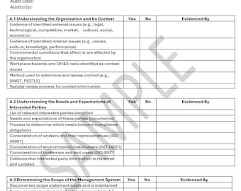 May include: A white and black Clause 4 Audit Checklist document. The checklist includes sections on understanding the organization, interested parties, and the scope of the management system. The document has a table format with columns for Yes, No, and Evidenced By.