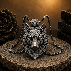 Puede incluir: Un colgante de metal plateado con forma de cabeza de lobo con intrincados patrones de nudos, suspendido de una cadena de caja a juego. El colgante presenta una pequeña fianza rectangular con un diseño de nudo celta en la parte superior.
