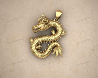 Colgante de dragón de oro amarillo / Collar de dragón chino de plata 925 hecho a mano / Colgante de dragón de plata 925 para hombre / Colgante de dragón de oro para mujer