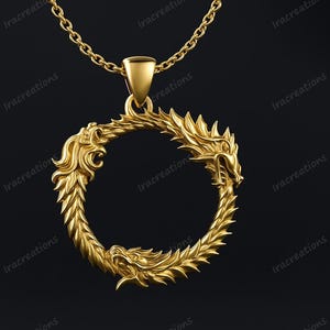 14K Gold Plated Ouroboros Dragon Necklace | Infinity Serpent Pendant | Mythical Symbol Jewelry | Alchemy Gift | Eternal Cycle Amulet