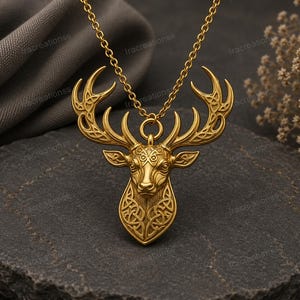Celtic Stag Head Pendant Necklace, 925 Sterling Silver Gold Plated Deer Necklace, Norse Elk Jewelry, Celtic Knot Gift for Men Women