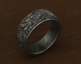 Anillo de sello de dragón chino hecho a mano en tono plateado: joyería de fantasía gótica para hombre, banda de dragón mítico en 3D, regalo para amantes de los dragones.