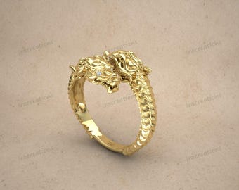 Anillo de dragón de doble cabeza hecho a mano: plata de ley chapada en oro de 14 quilates