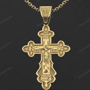 Russian Orthodox Three-Bar Cross Pendant | 14k Gold Plated Sterling Silver ICXC NIKA Byzantine Cross Necklace | Religious Jewelry Gift Gift