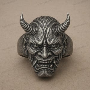 Bague masque Hannya Oni, bague démon japonais, bague homme gothique, bijoux mythologie, chevalière visage Oni unique, cadeau bague masque de samouraï japonais