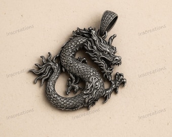 Collar con colgante de dragón chino de plata de ley oxidada / Joyería mítica de plata 925 / Amuleto de buena suerte y protección hecho a mano, regalo para él