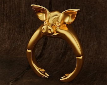 Handmade Pig Ring Solid Gold or 925 Sterling Silver Minimalist Piglet Jewelry Dainty Farm Animal Ring Gifts for Pig Lovers & Zodiac Sign