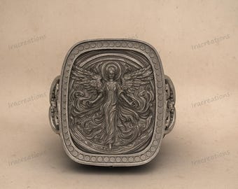 925 Sterling Silver Angel Signet Ring, Archangel Relief Jewelry, Oxidized Antique Style Unisex Ring, Spiritual Gothic Statement Ring