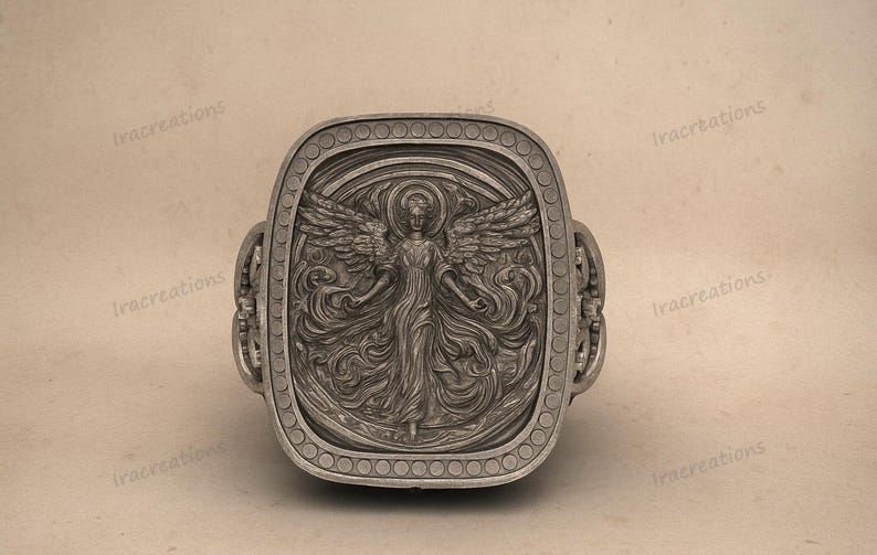 Sterling silver angel signet ring with detailed relief design.