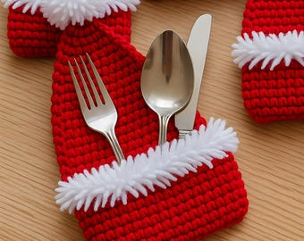 Patron de porte-couverts bonnet de père Noël au crochet : décoration de table de Noël (didacticiel PDF)