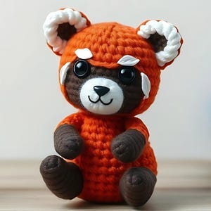 Op de afbeelding: Een handgemaakt gehaakt rood panda knuffel. De knuffel heeft een feloranje lichaam, donkerbruine poten en gezicht, en witte accenten rond de ogen en oren. De rode panda zit met uitgestrekte benen.