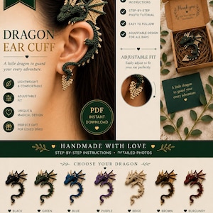 Könnte beinhalten: Häkelanleitung für Drachen-Ohrklemme. Das Bild zeigt eine handgefertigte Drachen-Ohrklemme in Schwarz, Grün, Blau, Lila, Beige, Braun und Burgunderrot. Die Anleitung enthält detaillierte Anweisungen und ein Foto-Tutorial.