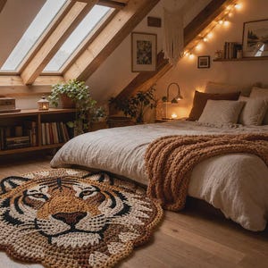 Puede incluir: Un dormitorio acogedor con una cama grande, una manta de punto y una alfombra con la cara de un tigre. La habitaci&oacute;n tiene vigas de madera, una estanter&iacute;a y luces de cadena. La alfombra es marr&oacute;n, beige y negra.