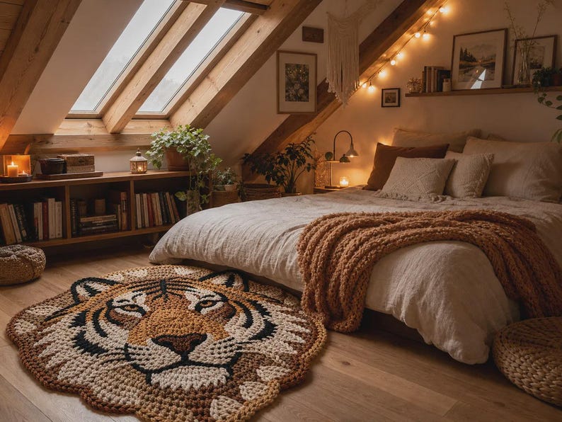 Puede incluir: Un dormitorio acogedor con una cama grande, una manta de punto y una alfombra con la cara de un tigre. La habitaci&oacute;n tiene vigas de madera, una estanter&iacute;a y luces de cadena. La alfombra es marr&oacute;n, beige y negra.