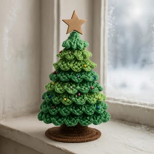 Puede incluir: Un árbol de Navidad de ganchillo hecho a mano en tonos verdes, adornado con adornos de cuentas de colores. Una estrella de madera corona el árbol, que se asienta sobre una base de ganchillo marrón. El árbol está en un alféizar blanco, con una escena nevada al aire libre.
