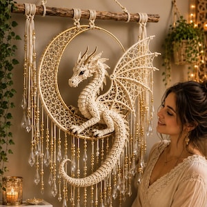 Celestial Moon Dragon Crochet Pattern (PDF), Fantasy Wall Hanging Decor