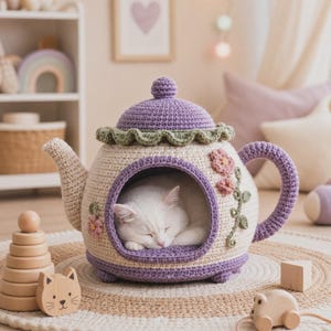 Può includere: Una cuccia per gatti all'uncinetto a forma di teiera con corpo color crema, coperchio viola e manico viola. La teiera presenta un bordo verde smerlato e applicazioni floreali rosa con steli verdi. Un gatto bianco dorme all'interno dell'apertura.