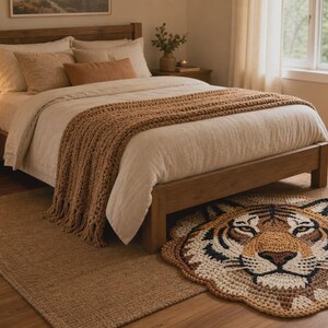 Puede incluir: Dormitorio con cama de madera, ropa de cama beige y una manta de punto marr&oacute;n. Una alfombra con forma de tigre est&aacute; en el suelo, con otra alfombra m&aacute;s peque&ntilde;a debajo. La habitaci&oacute;n tiene una paleta de colores neutros.