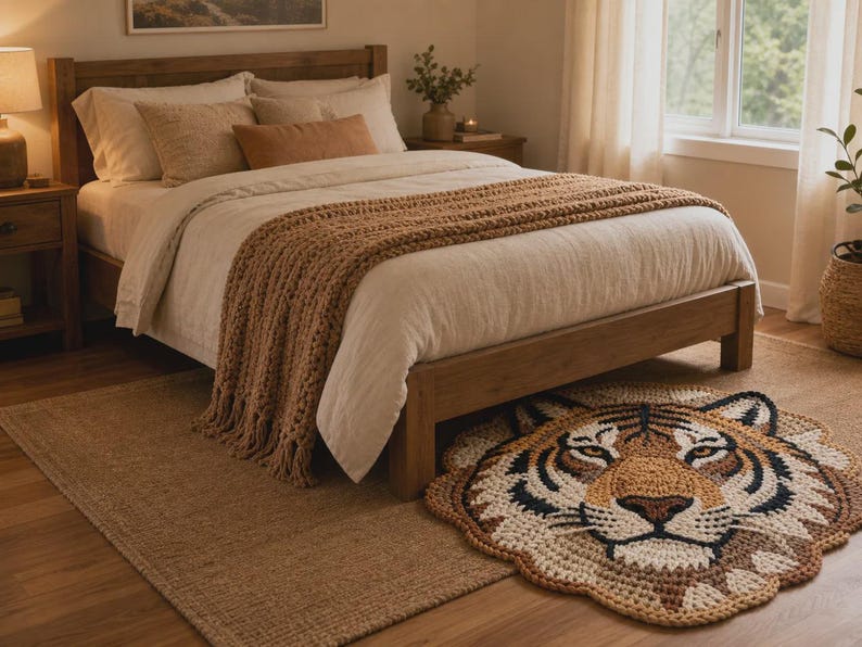 Puede incluir: Dormitorio con cama de madera, ropa de cama beige y una manta de punto marr&oacute;n. Una alfombra con forma de tigre est&aacute; en el suelo, con otra alfombra m&aacute;s peque&ntilde;a debajo. La habitaci&oacute;n tiene una paleta de colores neutros.