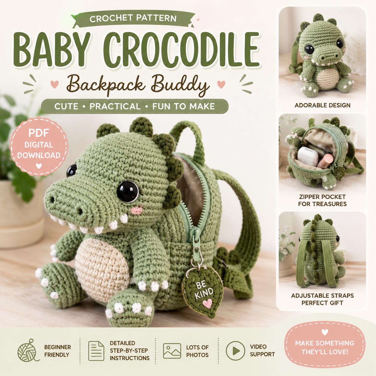 39 Crochet Backpack Patterns with Lambs, Bunnies, and Grannies 24 Crochet Crocodile Backpack Buddy