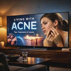Puede incluir: Una pantalla de televisión muestra las palabras "VIVIENDO CON ACNÉ" con el subtítulo "Consejos, tratamientos y causas". La pantalla muestra a una mujer tocándose la cara. El televisor está sobre un mueble de madera en una habitación cálidamente iluminada.