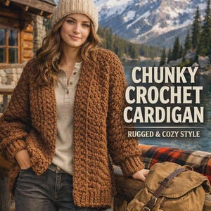 May include: A woman wearing a chunky brown crochet cardigan and a beige knit hat. The text on the image reads "CHUNKY CROCHET CARDIGAN" and "RUGGED & COZY STYLE". A brown backpack rests on a wooden bench. The background features a mountain lake.