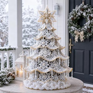 Puede incluir: Un árbol de Navidad decorativo de mesa construido con motivos de copos de nieve de ganchillo blanco en capas con bordes dorados. El árbol está rematado con una estrella grande e intrincada y adornado con cuentas transparentes colgantes.