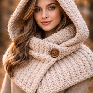 May include: A cream-coloured knitted hood and cowl set, fastened with a large wooden button. The hood is designed to cover the head and shoulders, offering warmth and style. The set is made from a chunky knit, ideal for colder weather.