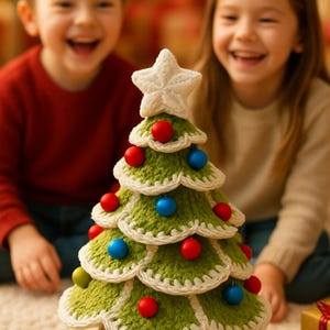 Könnte beinhalten: Ein handgehäkelter, grüner Weihnachtsbaum mit roten und blauen Kugeln und einem weißen Stern. Der Baum steht auf einem braunen Sockel. Im Hintergrund lächeln zwei Kinder.