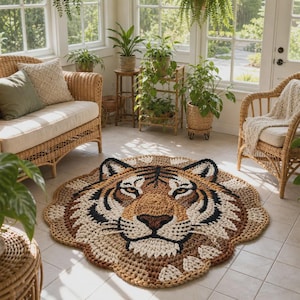 May include: A large, round rug with a tiger face design. The rug features a detailed depiction of a tiger's face, with brown, black, and cream-coloured yarn. The rug is placed on a tiled floor in a sunroom with wicker furniture and plants.