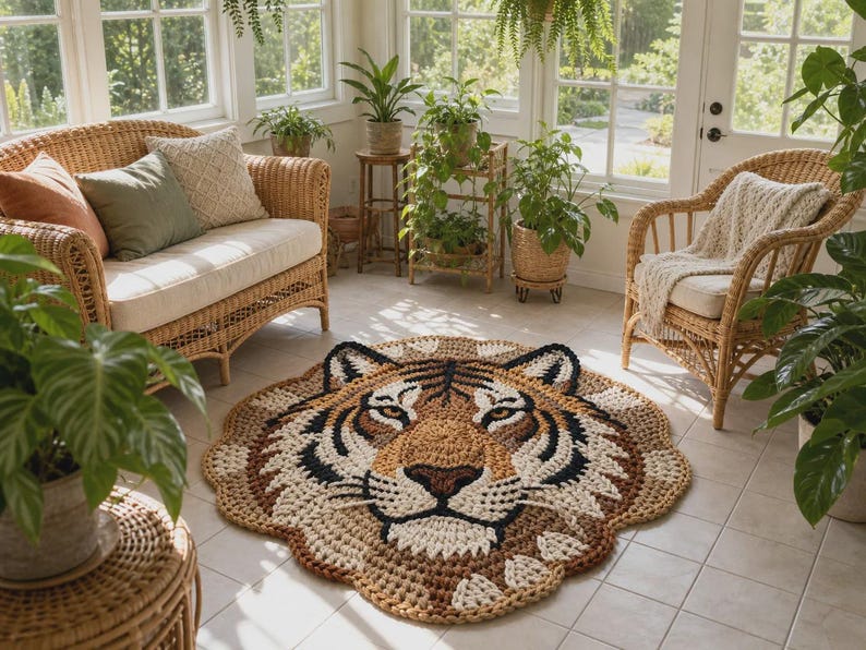 Puede incluir: Una alfombra grande y redonda con un dise&ntilde;o de cara de tigre. La alfombra presenta una representaci&oacute;n detallada de la cara de un tigre, con hilo marr&oacute;n, negro y crema. La alfombra est&aacute; colocada sobre un suelo embaldosado en un sol&aacute;rium con muebles de mimbre y plantas.