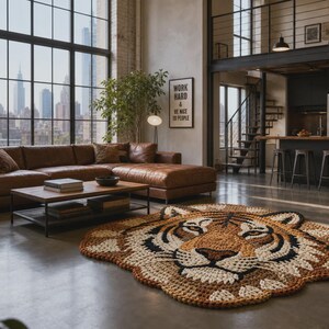 Puede incluir: Un sal&oacute;n moderno con un gran sof&aacute; seccional de cuero marr&oacute;n, una mesa de centro de madera y una alfombra con forma de tigre. La habitaci&oacute;n tiene grandes ventanales con vistas a la ciudad y un altillo con cocina.