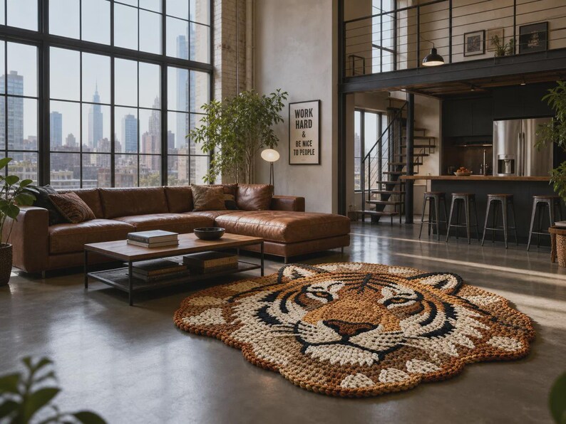 Puede incluir: Un sal&oacute;n moderno con un gran sof&aacute; seccional de cuero marr&oacute;n, una mesa de centro de madera y una alfombra con forma de tigre. La habitaci&oacute;n tiene grandes ventanales con vistas a la ciudad y un altillo con cocina.