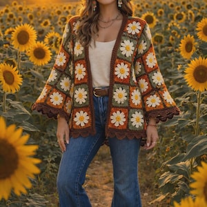 Daisy Grandma Square Häkelanleitung Cardigan, 70er Jahre Boho Pullover (PDF Download)
