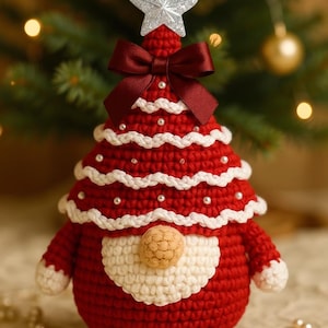 Può includere: Un ornamento per albero di Natale all'uncinetto rosso e bianco fatto a mano. L'albero è decorato con una stella argentata, un fiocco bordeaux e piccoli accenti di perle. Ha un design simile a quello di uno gnomo con barba bianca e naso beige.